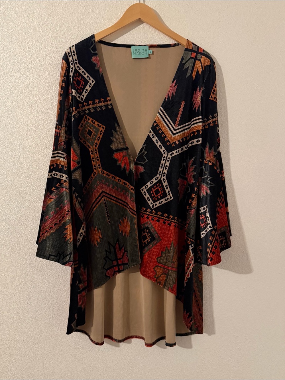Judith March Velvet Aztec Southwestern Bell Sleeve Kimono Coatigan Size Small